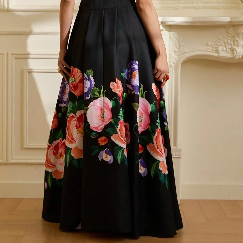 Black Elegant Women's Waist-Accented Patchwork A-Line Satin Skirt